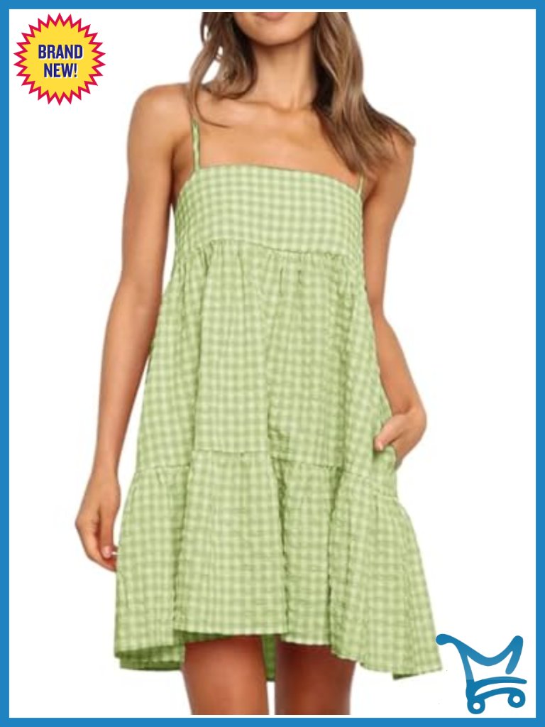 Womens Plaid Mini Sundress Spaghetti Strap Sleeveless A Line With Pockets